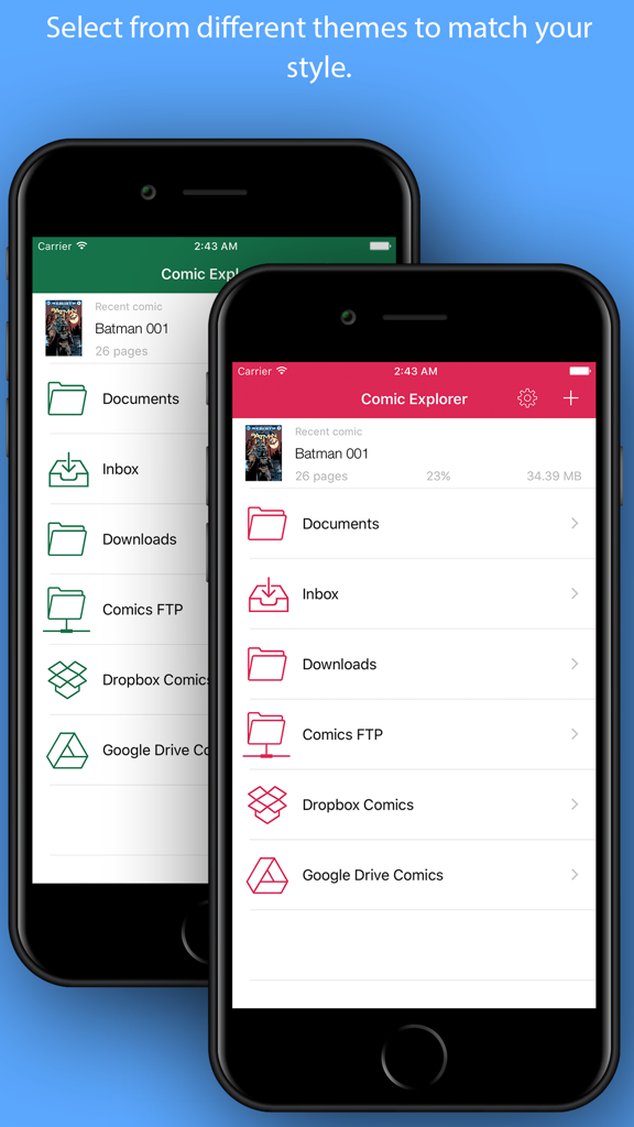 Dos iPhones mostrando la aplicación Ultimate Comic Reader con diferentes temas de color y opciones de gestión de archivos de almacenamiento en la nube