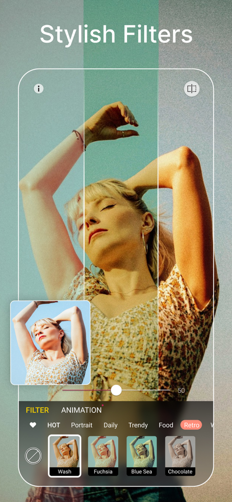 Interface of the YouCam Perfect app showing stylish filters being applied to a woman portrait