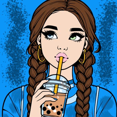 realistic girl with braided hair drinking boba