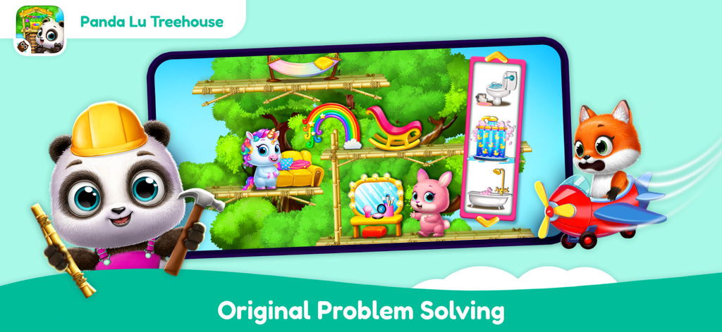 Little Minds: Game Bundle - Personaje Panda Lu construyendo una casa del árbol en un juego de resolución de problemas para niños.