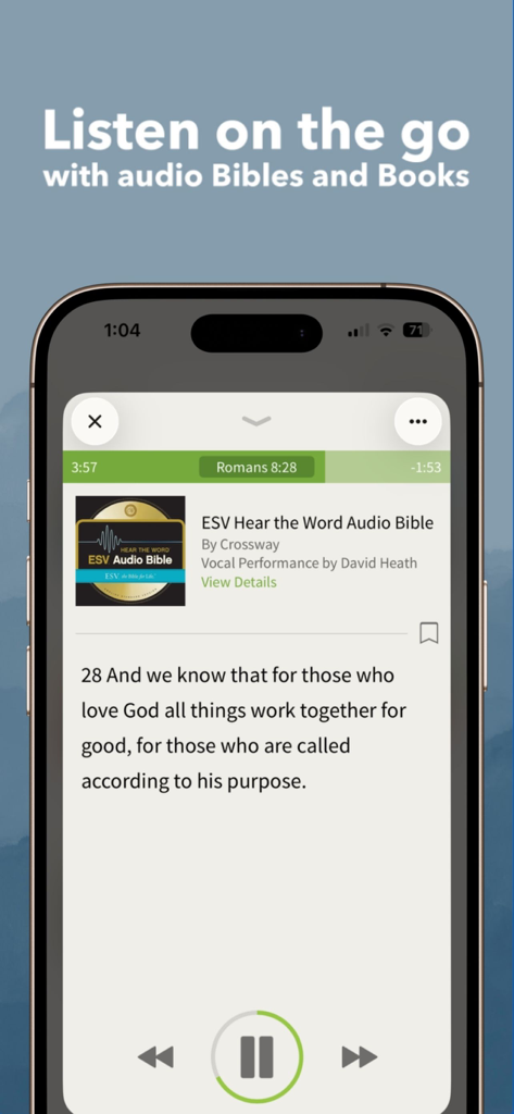A smartphone showing the audio bible feature of the Olive Tree Bible App with text from Romans eight twenty-eight