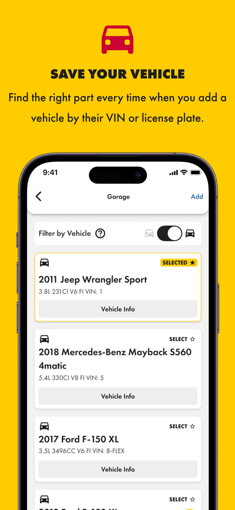 Advance Auto Parts + Tools/Acc - Advance Auto Parts app Vehicle Garage screen showing saved car profiles for easy part matching
