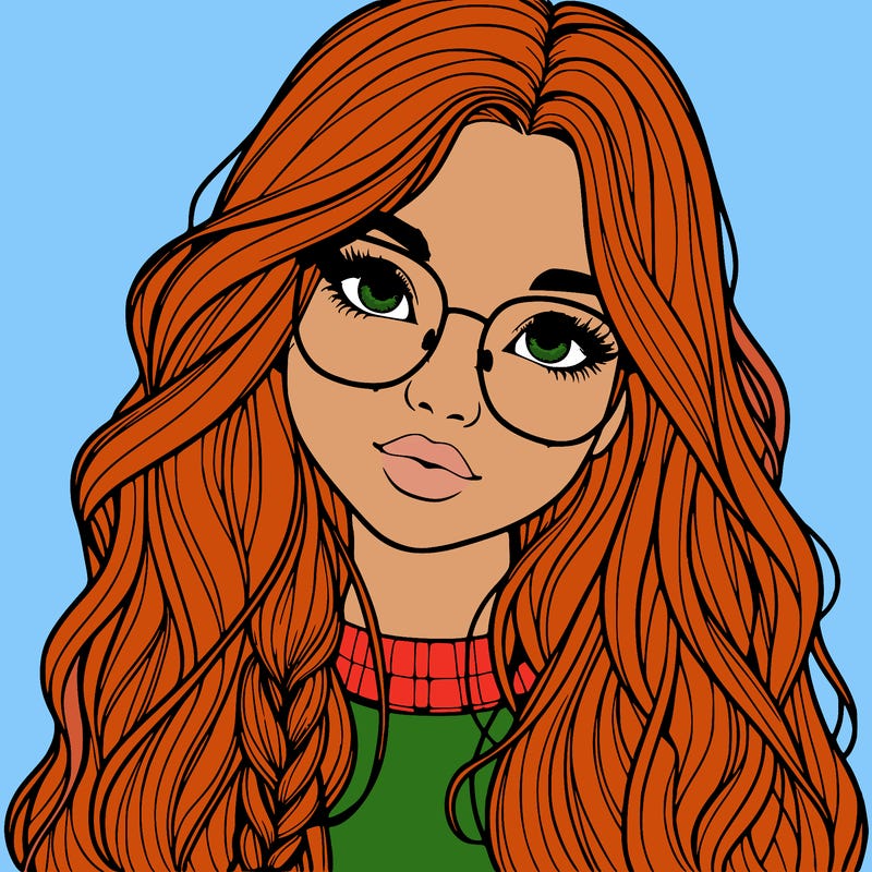girl with long hair and freckles and glasses realistic