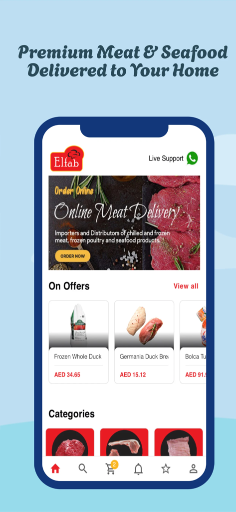 Elfab - Elfab app home screen displaying premium meat and seafood delivery options and product categories