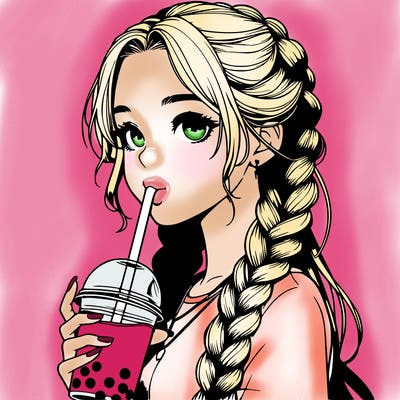 realistic girl with braided hair drinking boba