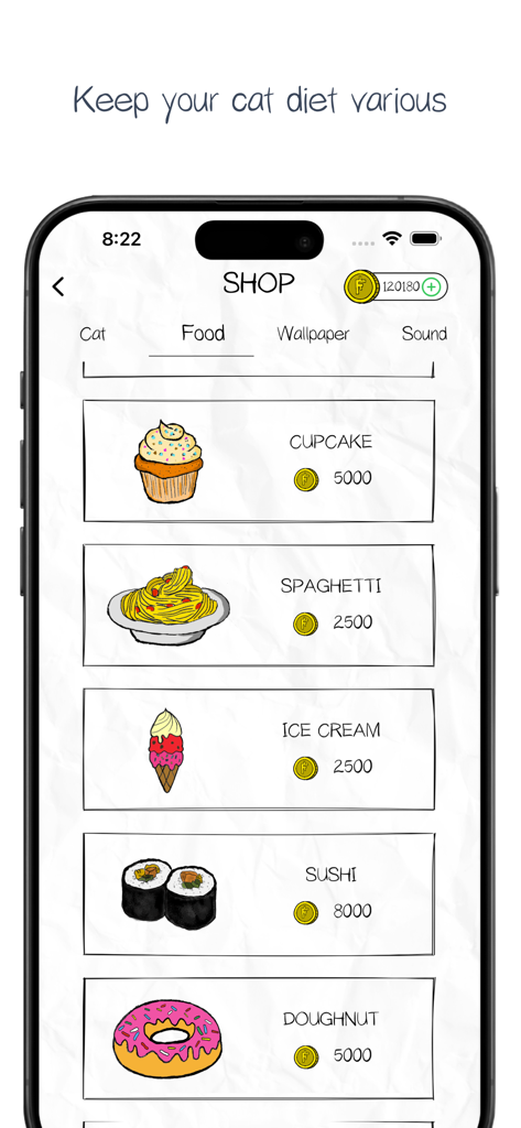 Fatty Cat! - Study Companion - Pantalla de la tienda dentro de la aplicación de Fatty Cat Study Companion mostrando artículos de comida dibujados a mano como cupcakes y sushi para comprar con monedas
