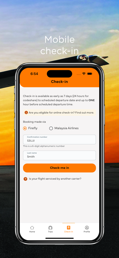 Firefly Airlines - Firefly Airlines mobile app check-in screen with confirmation number and last name input fields