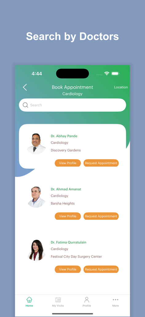 A list of cardiology doctors in the HealthHub app with options to view profiles and book appointments.