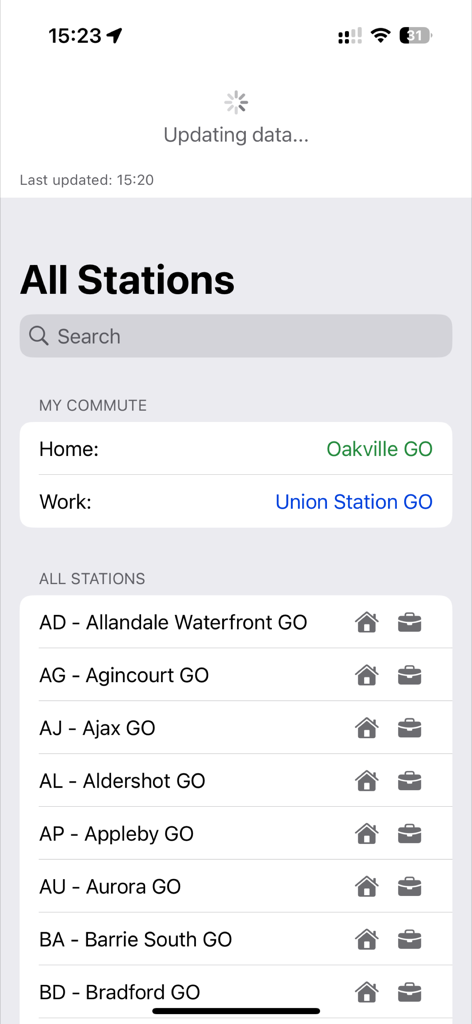 OntarioTransit Departure Times - OntarioTransit app interface showing a list of GO Transit stations and personalized commute settings for home and work