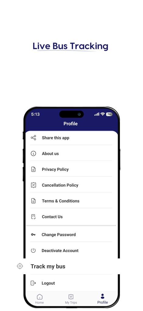 Chartered Bus - Chartered Bus app profile screen highlighting the live bus tracking feature and account settings