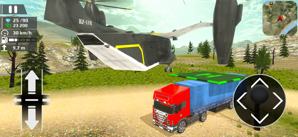 Helicopter Flying: Car Driving - A tilt-rotor helicopter performing a precision landing on a helipad atop a moving red truck trailer in an open world environment.