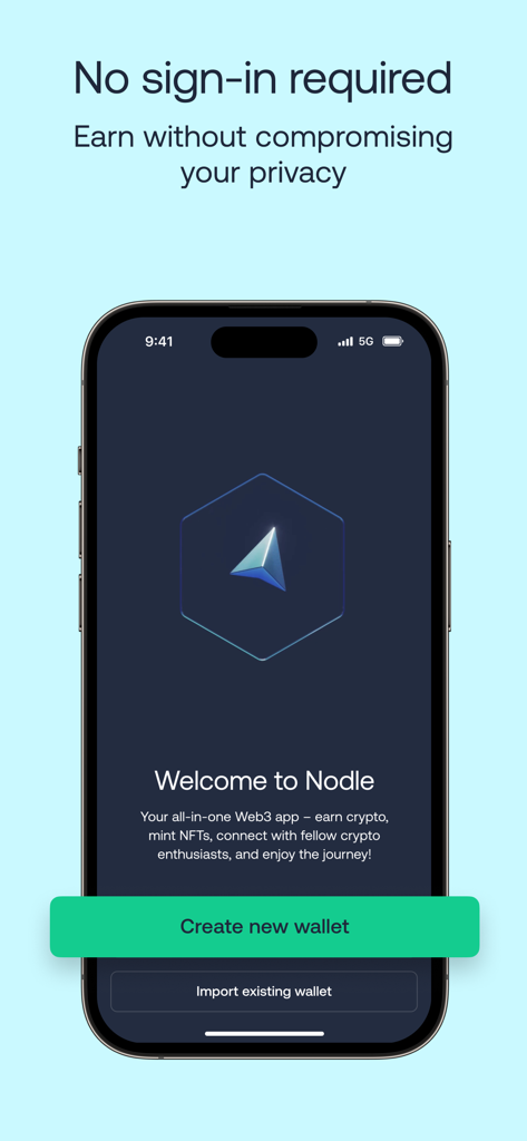 Welcome screen of the Nodle app highlighting privacy and options to create or import a crypto wallet