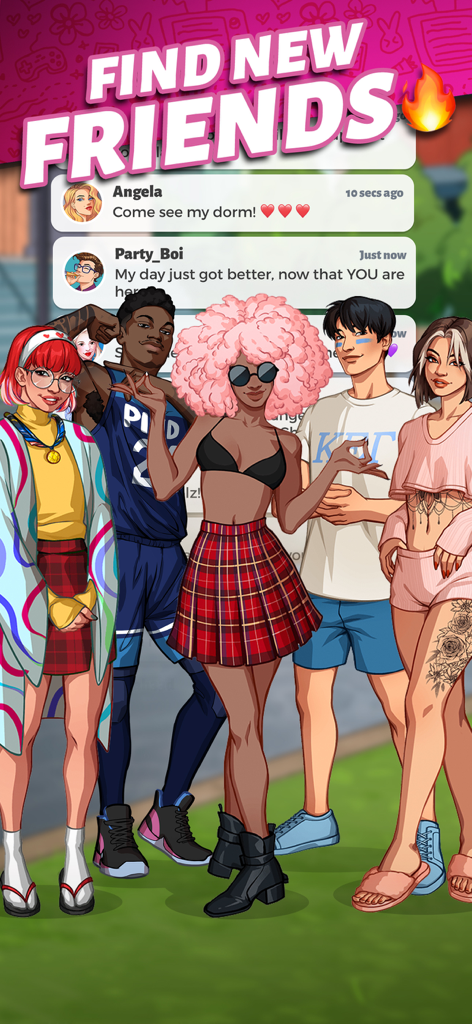 Party in My Dorm: Campus Life - A group of diverse stylish avatars standing together with chat notifications and the text Find New Friends