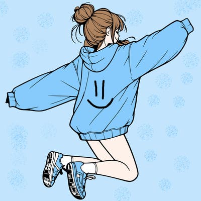 realistic girl jumping with a bun and oversized sweatshirt