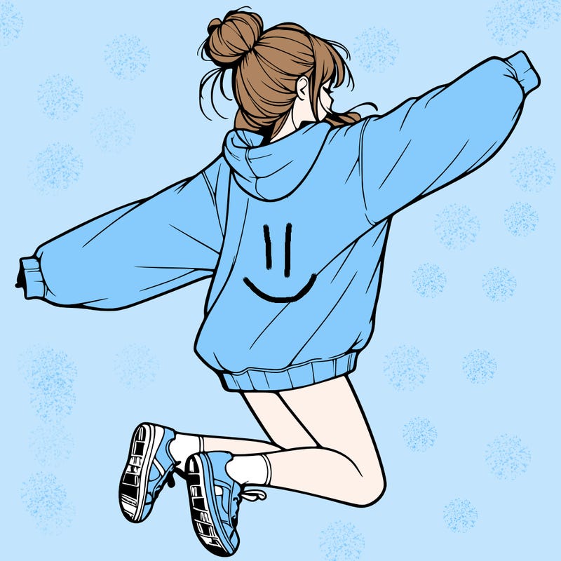 realistic girl jumping with a bun and oversized sweatshirt