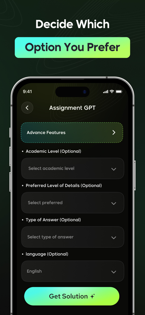 Una interfaz móvil para personalizar soluciones matemáticas IA con opciones de nivel académico, nivel de detalle e idioma.