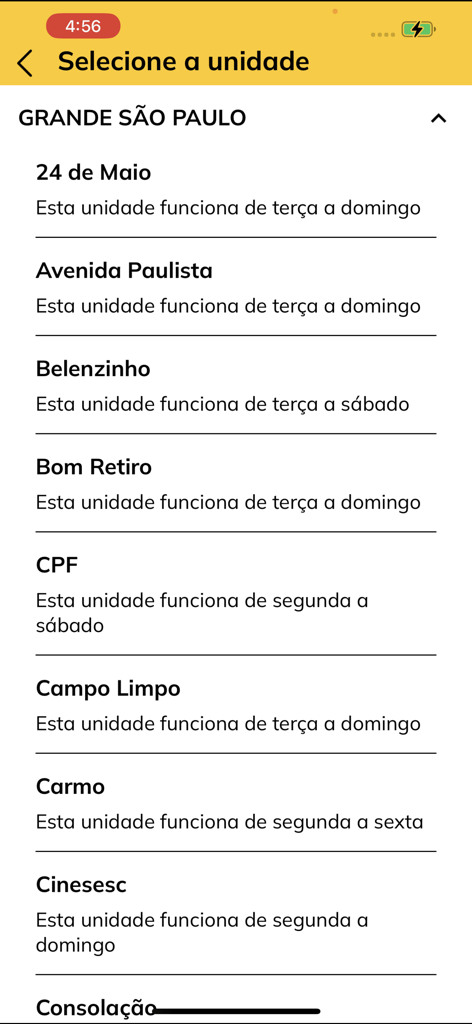A list of Sesc unit locations in Greater Sao Paulo and their operating hours displayed in the Credencial Sesc SP mobile app