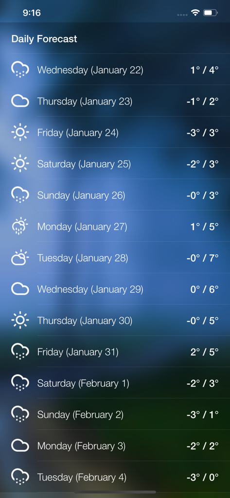 Local Meteo - weather live - A list showing a 14 day weather forecast with daily temperature ranges and weather condition icons.