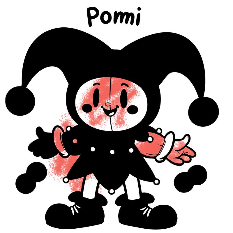 red and blue jester named pomni