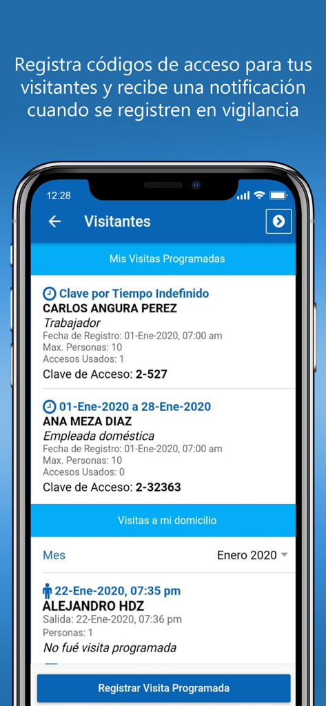 Residentia - Schermata di gestione visitatori dell'app mobile Residentia che mostra codici di accesso ospiti programmati e registri di ingresso.
