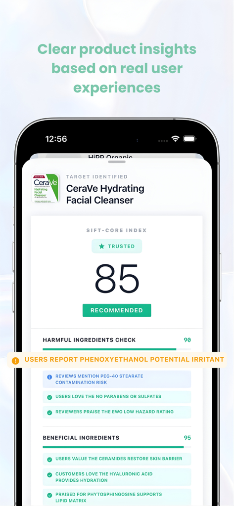 Sift - Real Product Reviews - Interfaz de la aplicación Sift que muestra una puntuación de calidad de 85 y análisis de ingredientes para el Limpiador Facial Hidratante CeraVe
