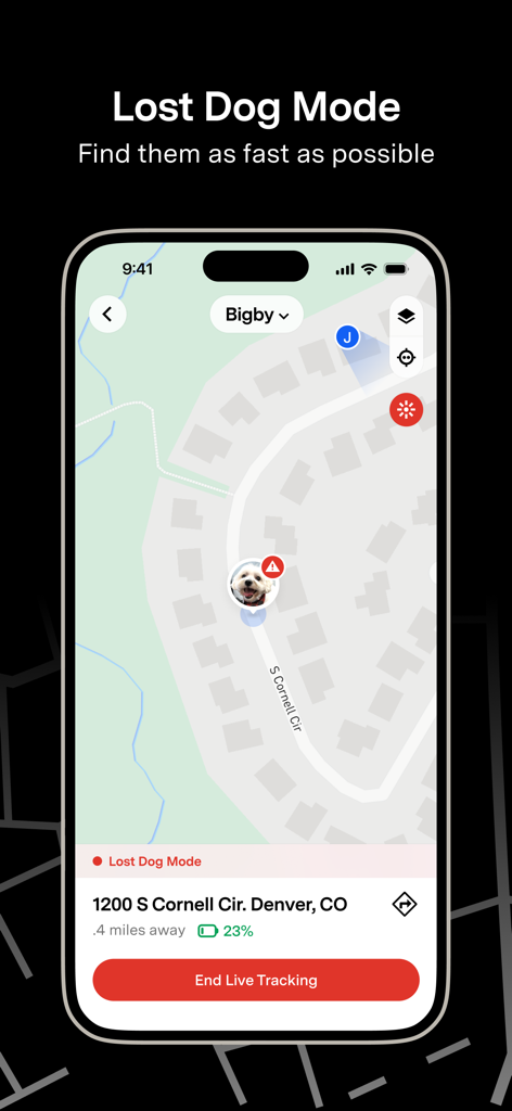 Fi - GPS Dog Tracker - Una interfaz móvil de la aplicación Fi que muestra el rastreo GPS en tiempo real de un perro perdido en un mapa.