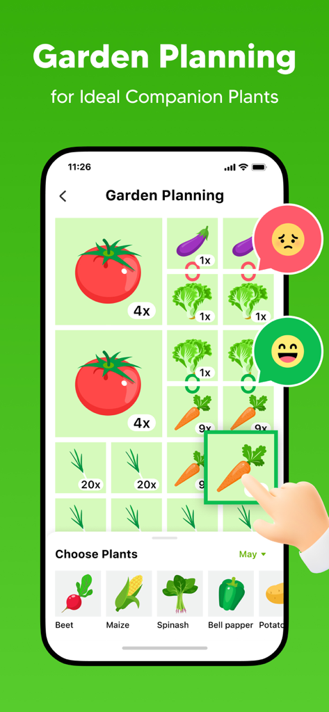 GrowIt: Garden Planner - Pantalla de la aplicación GrowIt que muestra una cuadrícula de jardín por pie cuadrado para planificar diseños de plantas compañeras