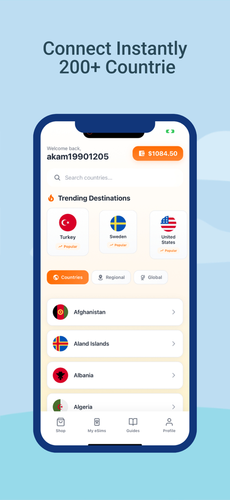 eSimFly - eSimFly app interface showing trending destinations and global data plans for international travel