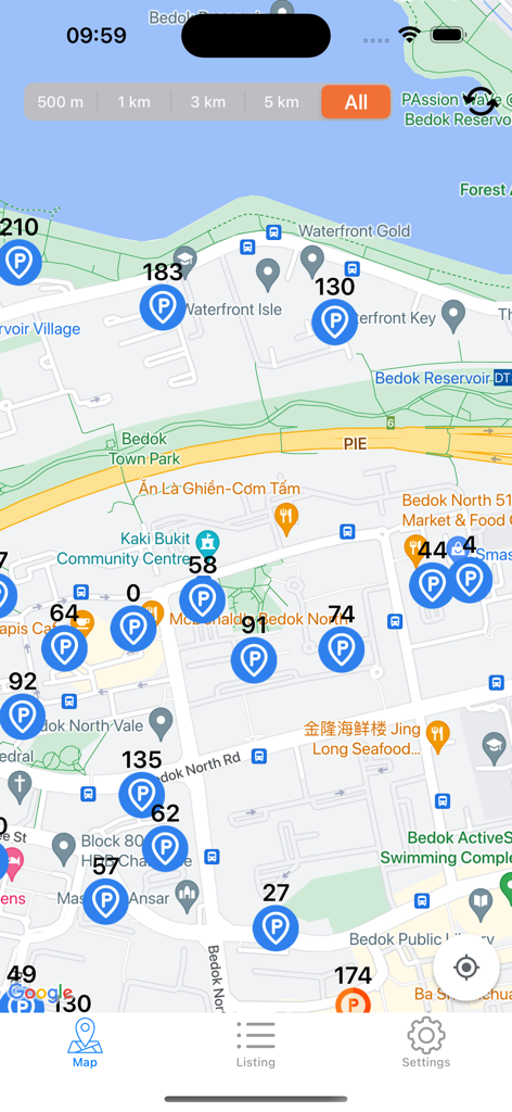 Interactive map showing real-time car parking availability in Singapore with lot counts