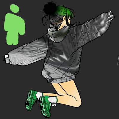realistic girl jumping with a bun and oversized sweatshirt