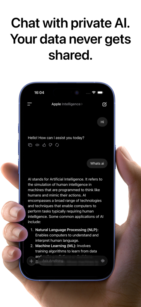 Local AI Chat - pocket - iPhone showing a private AI chat interface with the Local AI Chat pocket app