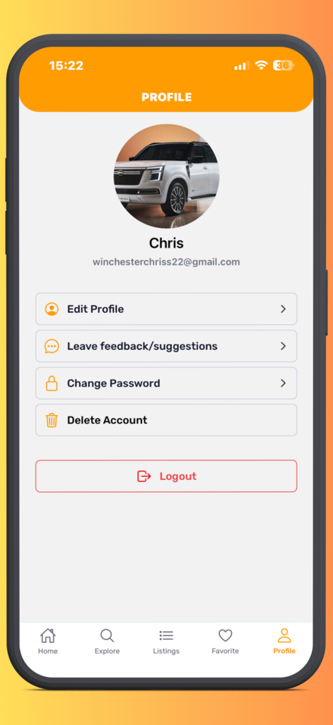 Dalali Connect - Dalali Connect app profile settings screen showing options to edit profile, change password, and logout.