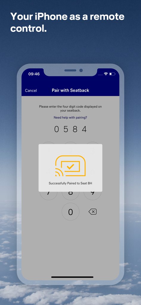 LH Entertainment app pairing screen on an iPhone for in-flight seatback remote control