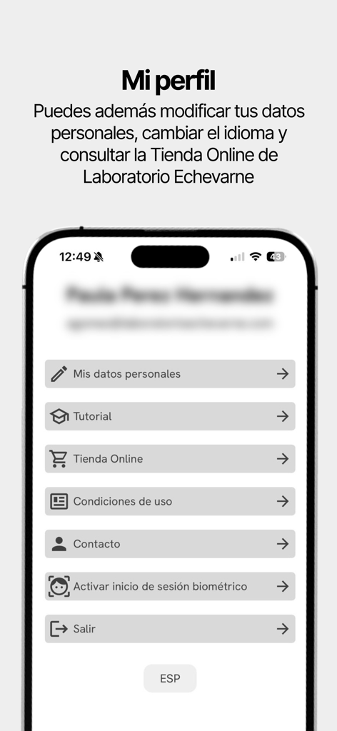 Écran de profil utilisateur de l'application Laboratorio Echevarne affichant les paramètres de données personnelles et les options de connexion biométriques