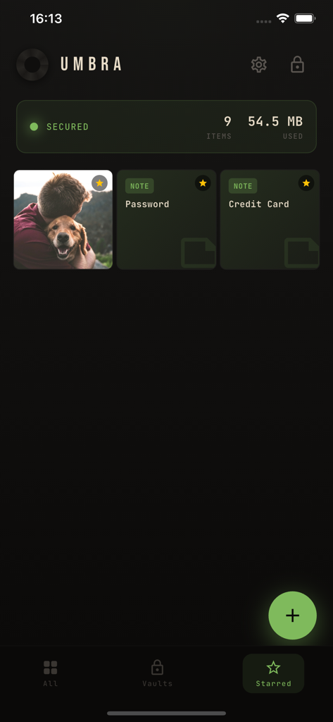 Oberfläche des Umbra privaten Tresors mit markierten verschlüsselten Fotos und sicheren Notizen für Passwörter.