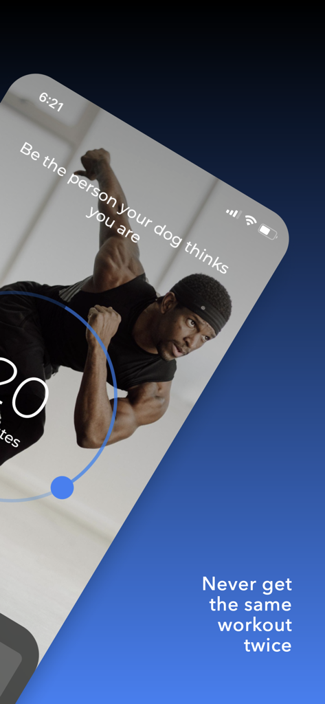 HIIT | Down Dog - A man performing a high-intensity exercise on the HIIT Down Dog app interface with the text Never get the same workout twice.