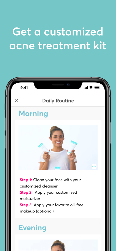 MDacne - Custom Acne Treatment - Interface de l'application MDacne montrant les étapes de la routine matinale personnalisée pour un kit de traitement contre l'acné.