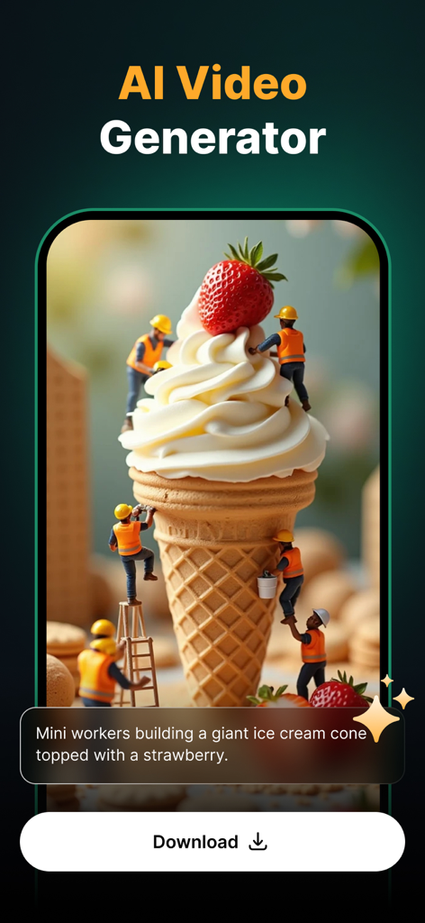 Écran du générateur de vidéos IA montrant une crème glacée construite par de minuscules ouvriers sur la base d'une invite textuelle.