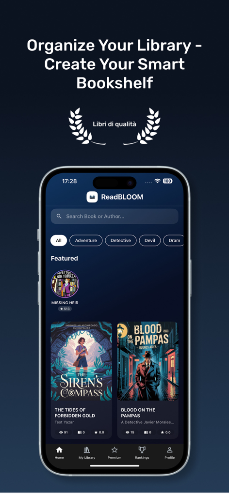 ReadBLOOM: Book Reader - ReadBLOOM app interface showing a smart digital bookshelf with book categories and featured titles