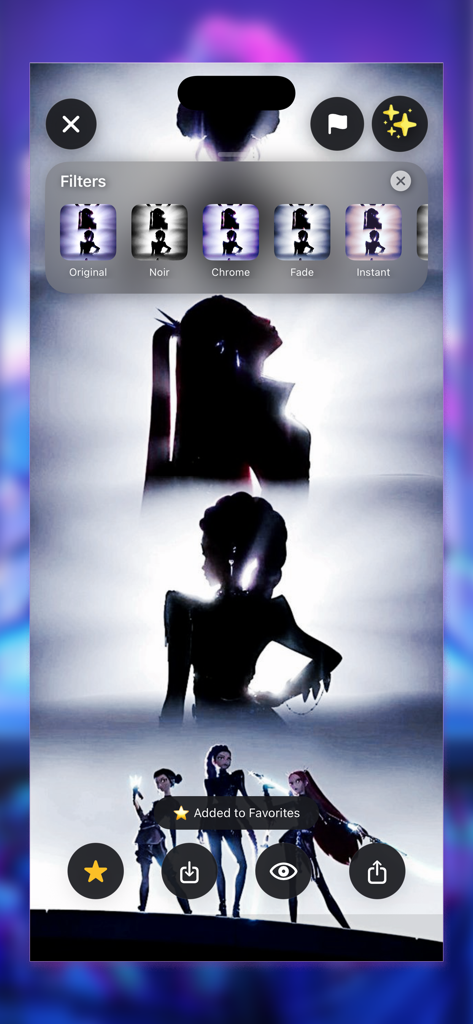 Interfaz de la aplicación que muestra filtros de fotos y un botón de favoritos para un fondo de pantalla de fantasía K-pop anime.