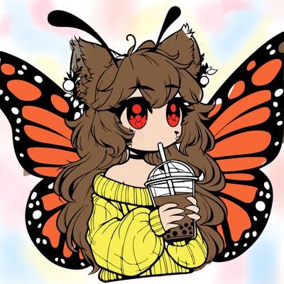 a realistic butterfly/furry girl drinking boba