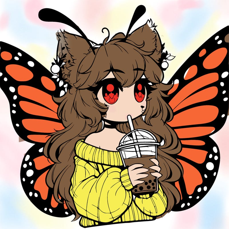 a realistic butterfly/furry girl drinking boba