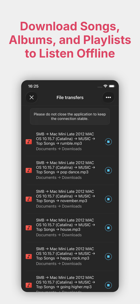 Tela do aplicativo Evermusic Pro mostrando arquivos de música sendo baixados de um servidor Mac Mini via SMB para escuta offline.