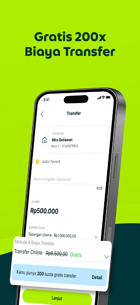 Superbank: Save, Borrow, Grow - Superbank mobile app interface showing 200 free transfer quota for Indonesian Rupiah transactions.