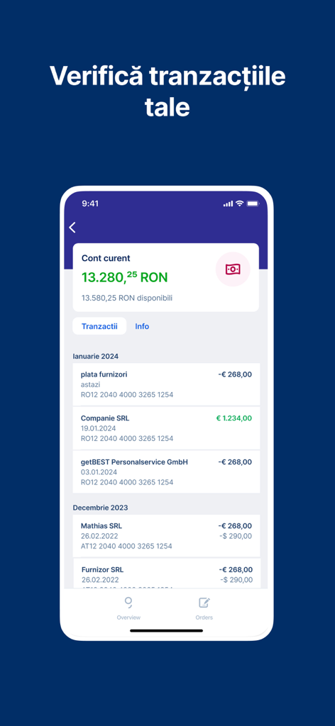 George Business Romania - Capture d'écran de l'application George Business Roumanie affichant une liste détaillée des transactions commerciales et le solde actuel du compte