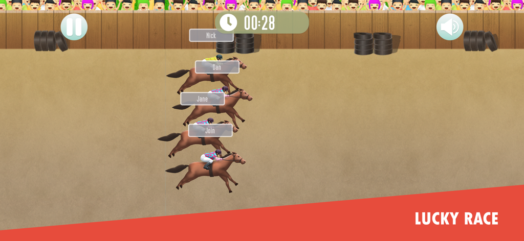 Duck Race: Name Picker - A horse race simulation in the Duck Race Name Picker app showing four racers with names for random selection