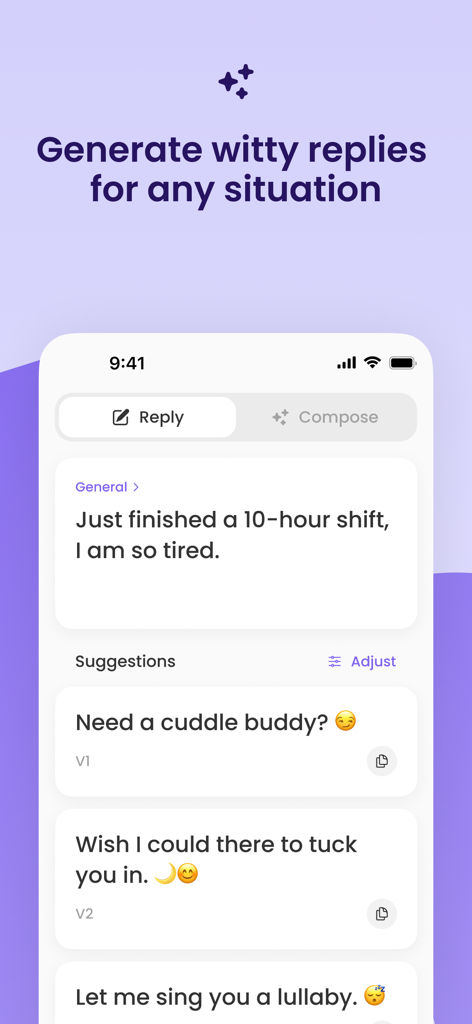 CharmChat app interface displaying AI-generated witty reply suggestions for a dating message about being tired after work.