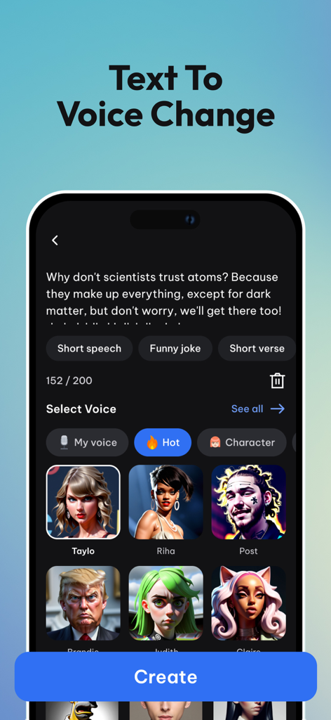 AI Voice Changer & Song Cover - AI Voice Changer app screen showing text to voice conversion feature with various celebrity voice options