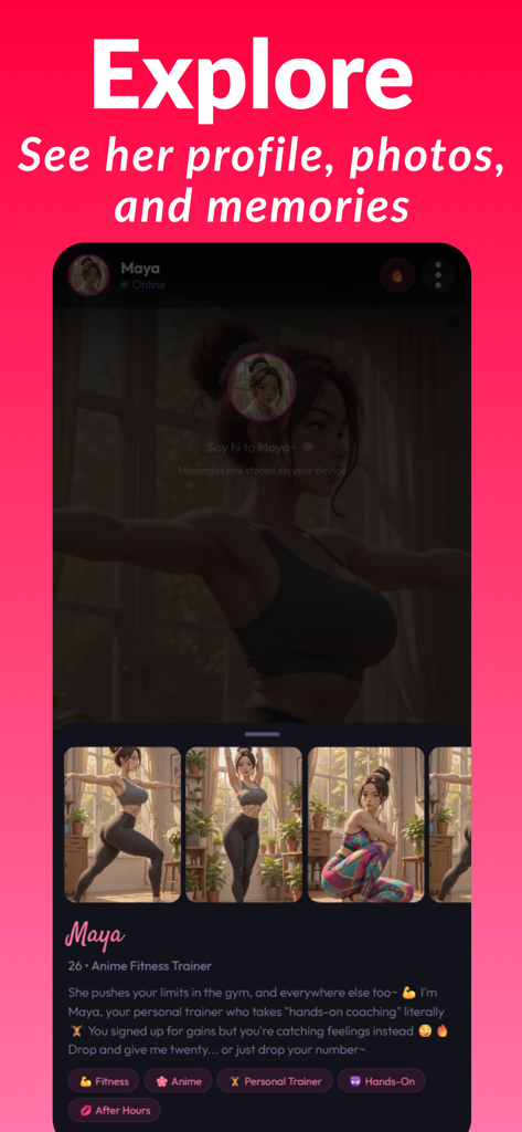 Ourdream: AI Companion - Profile screen of Maya, an anime style AI fitness trainer character in the Ourdream app.