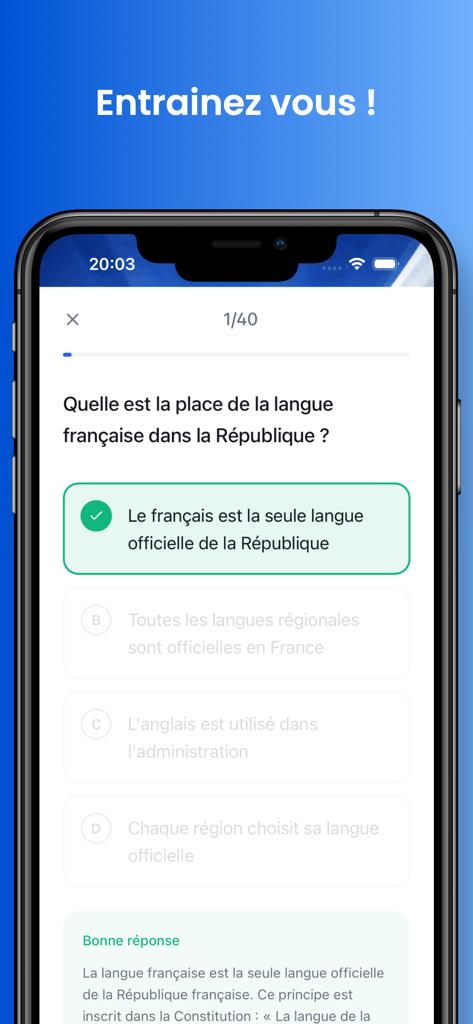 Examen Civique Test - Mobile app screen showing a multiple choice question about the French official language for the naturalization civic exam